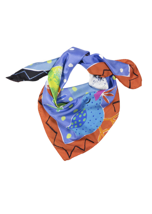 5 Birds bright colours large square silk scarf Emma Greenhill