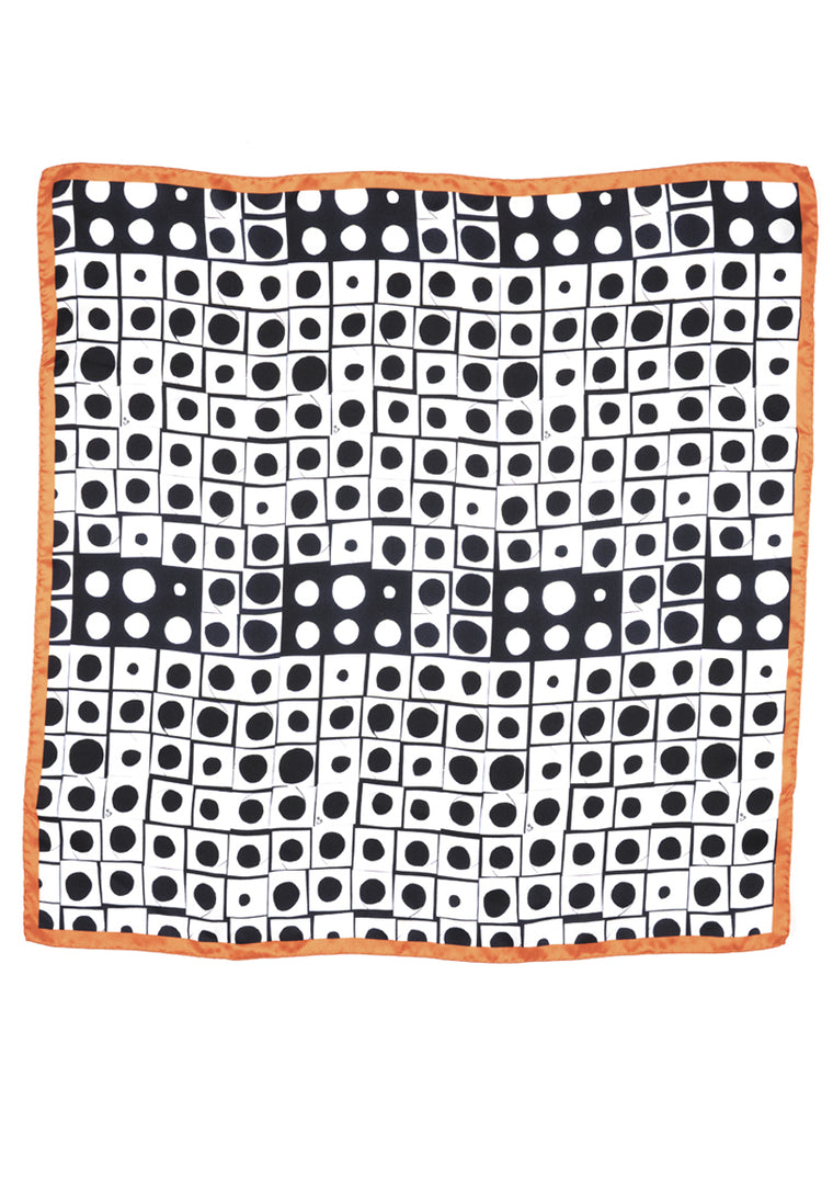 Contemporary black, white & orange patterned silk scarf