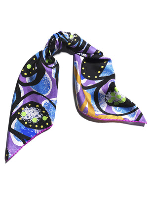 Purple patterned silk twill scarf with hem roll edge