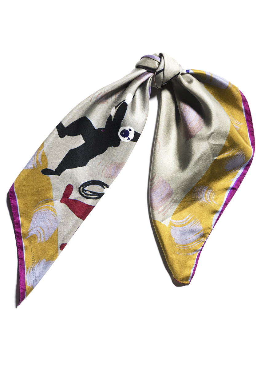 Clowns and rabbit kite patterned silk twill scarf