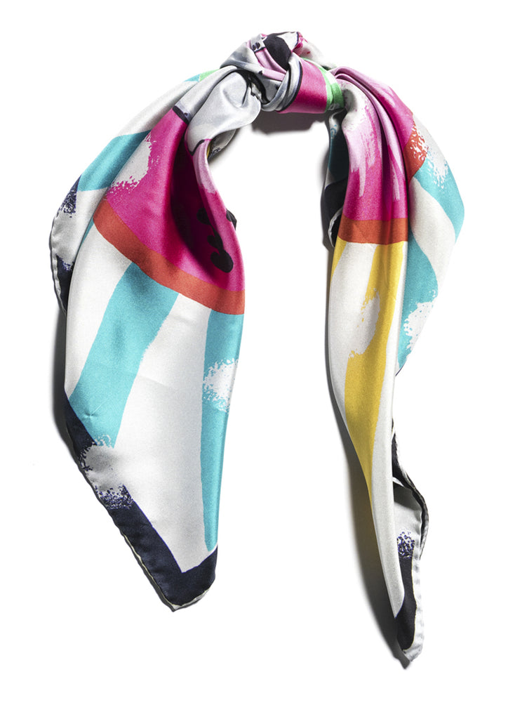 luxury patterned colourful silk scarf with hem roll edge