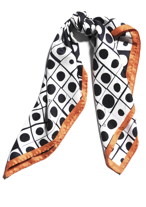 Contemporary black, white & orange patterned silk scarf