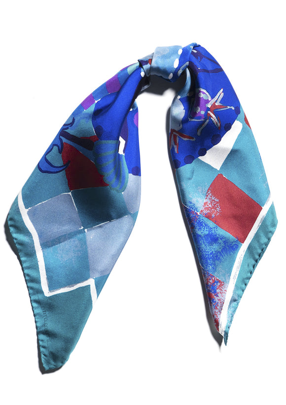 Joker print on blue, silk twill scarf Emma Greenhill