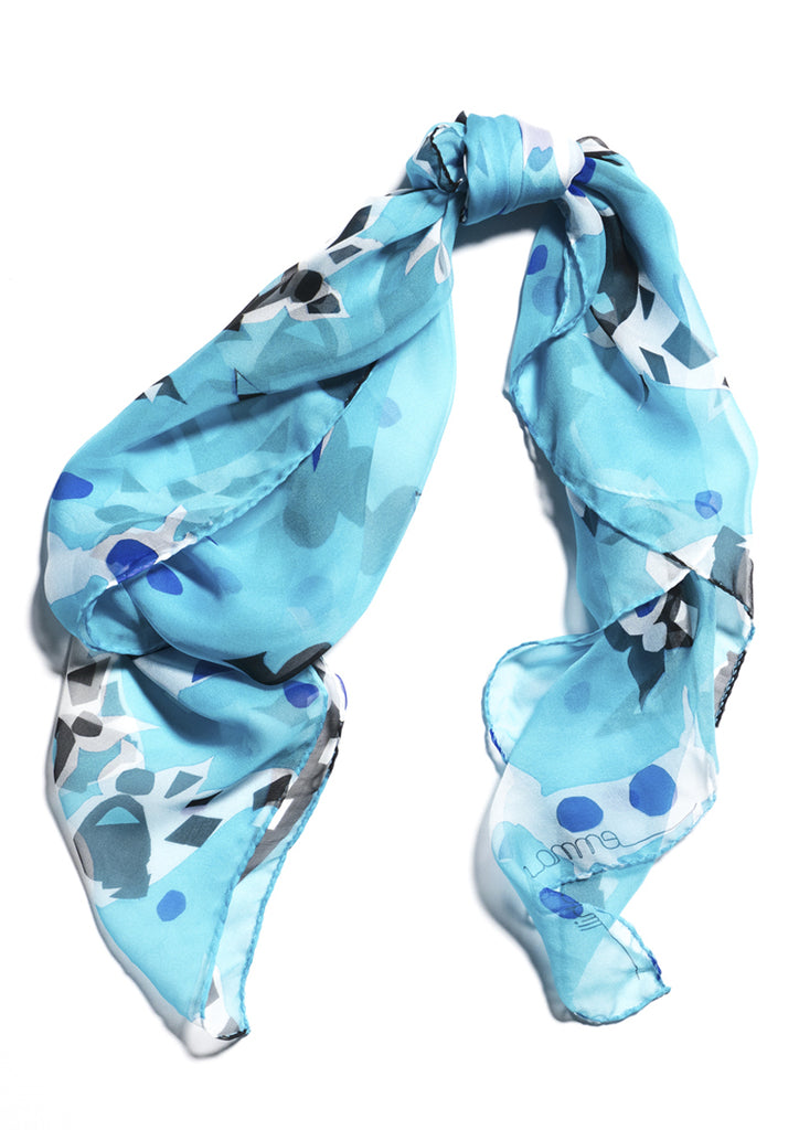 Blue patterned luxury designer silk chiffon scarf