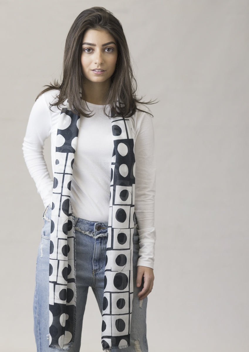 long black and white patterned cashmere modal scarf