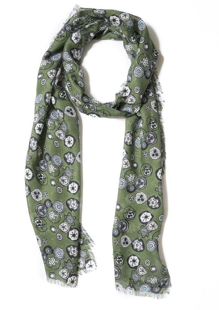 Graphic print on olive green, cashmere modal scarf