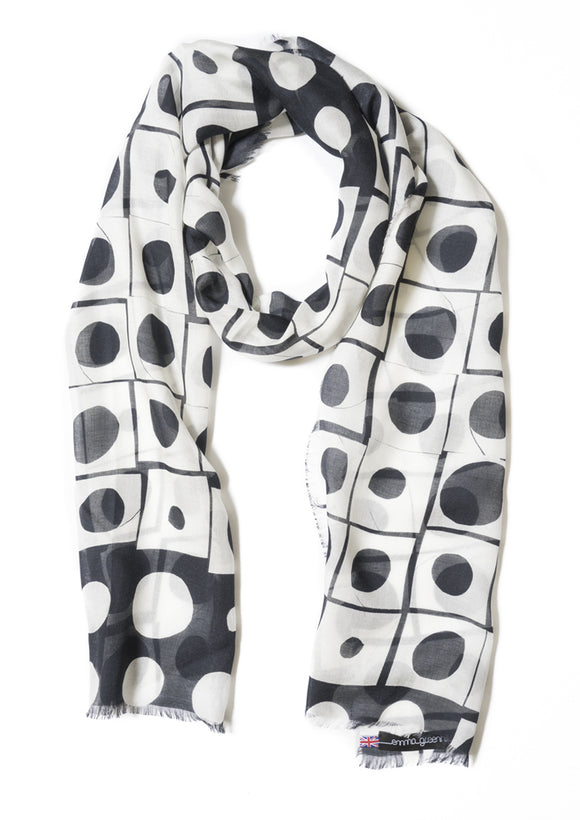 long black and white patterned cashmere modal scarf