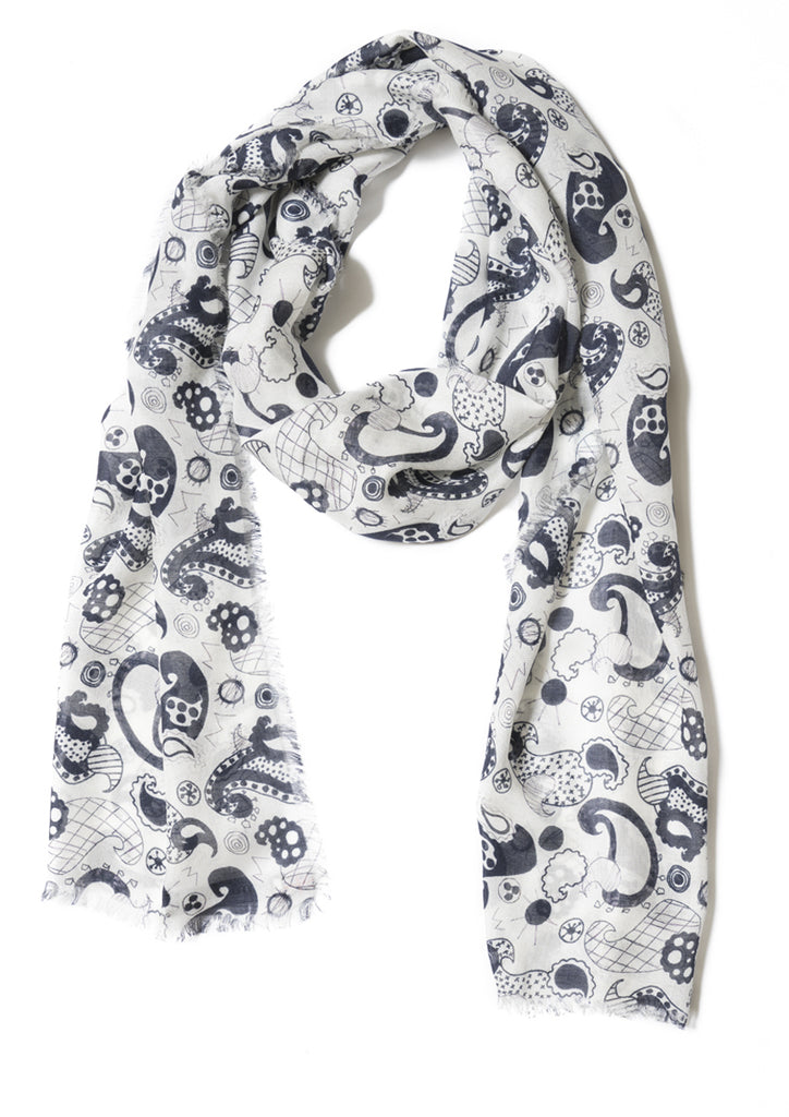 Black and white Paisley design on cashmere modal scarf