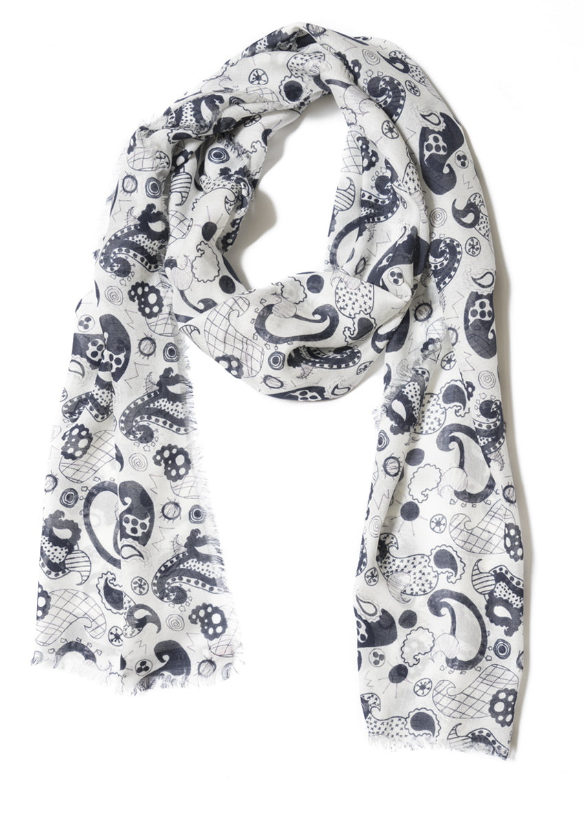 monochrome paisley print on cashmere modal scarf