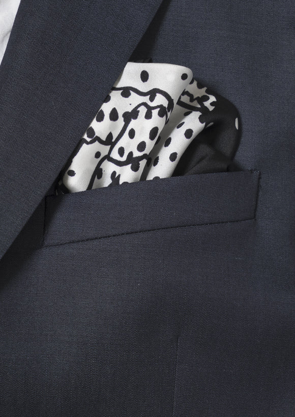 Animals and dots, black and white, men’s silk pocket square